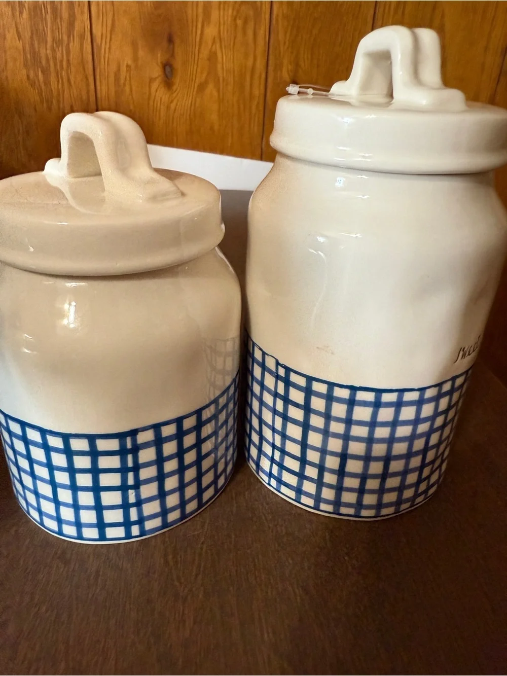 Rae Dunn Blue Gingham Plaid Treats and Sweets Canisters Set of 2 READ